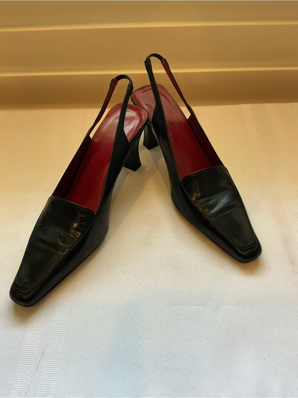 Vintage Ann Taylor, Black Leather Square Toe Slingback Heels, Italy Size 8M